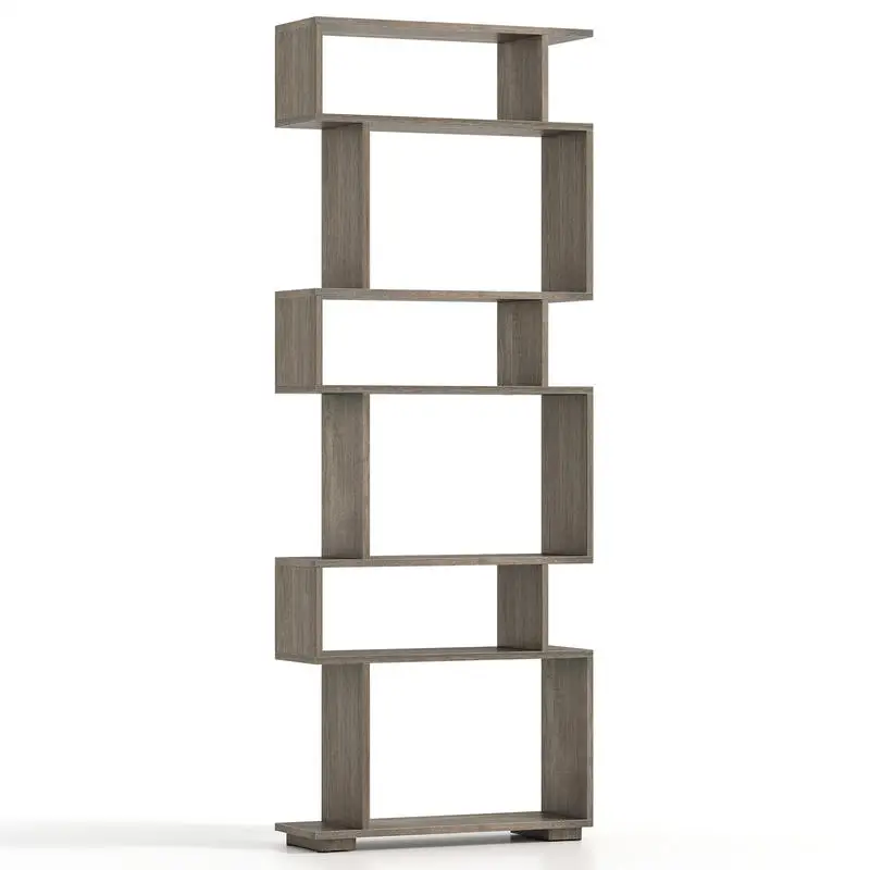 6-Tier Geometric Bookshelf, Oak Finish Engineered Wood, With Anti-Tipping Kits And Floor Protectors, Modern Freestanding Storage Tower For Home Office, Living Room, Bedroom