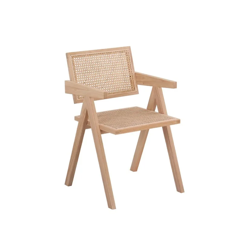 Nordic Solid Wood Rattan Chair with Armrest Backrest Woven Leisure Chair for Home Balcony Hotel Homestay