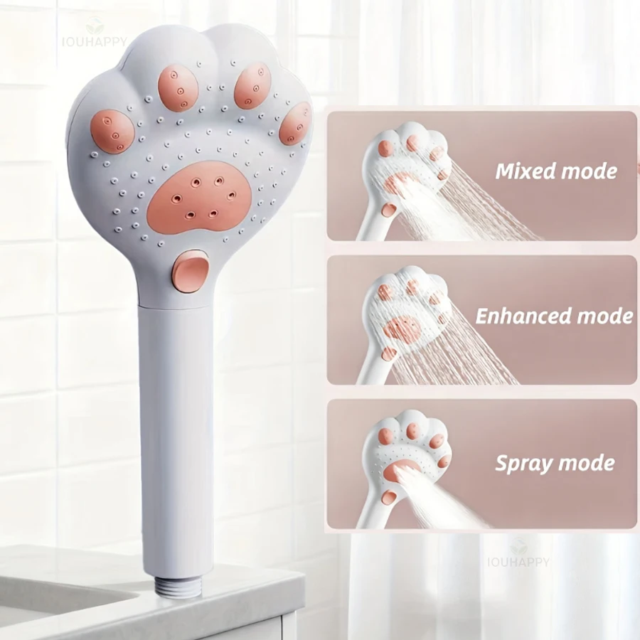 Cartoon Cat Paw Shower Nozzle,3 Adjustable Water Modes One‑button Control,Standard Connector for Household,Hotel,RV Bath Use