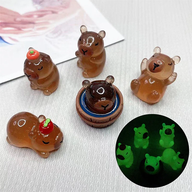 2PCS Luminous Mini Capybara Resin Miniatures Glow At Night Fairy Garden Decoration DIY Ornament Cute Figurines Desk Decoration