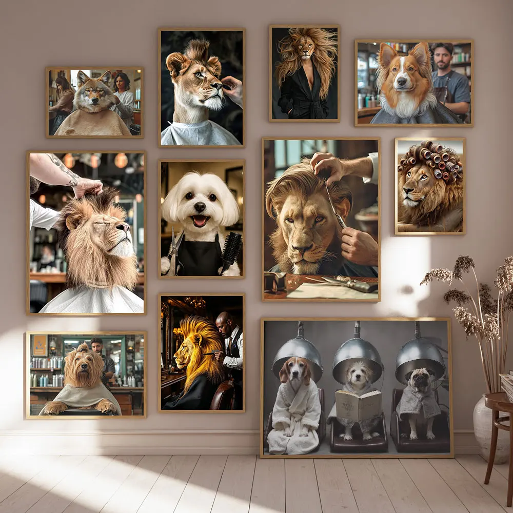 Divertido póster de salón de animales con diseño de perro y león, pintura en lienzo, impresiones de pared, regalo para peluquero, decoración para barbería y hogar
