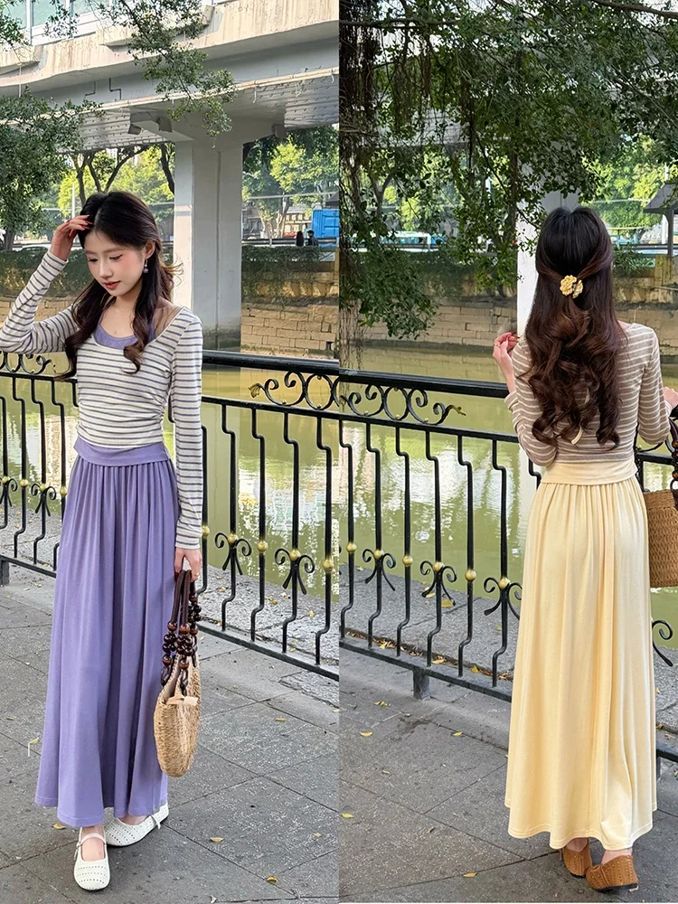 

Slimming Striped Top And High Waist Skirt Two Piece Set for Women Spring Design Breathable Comfortable Stretchy Outfit