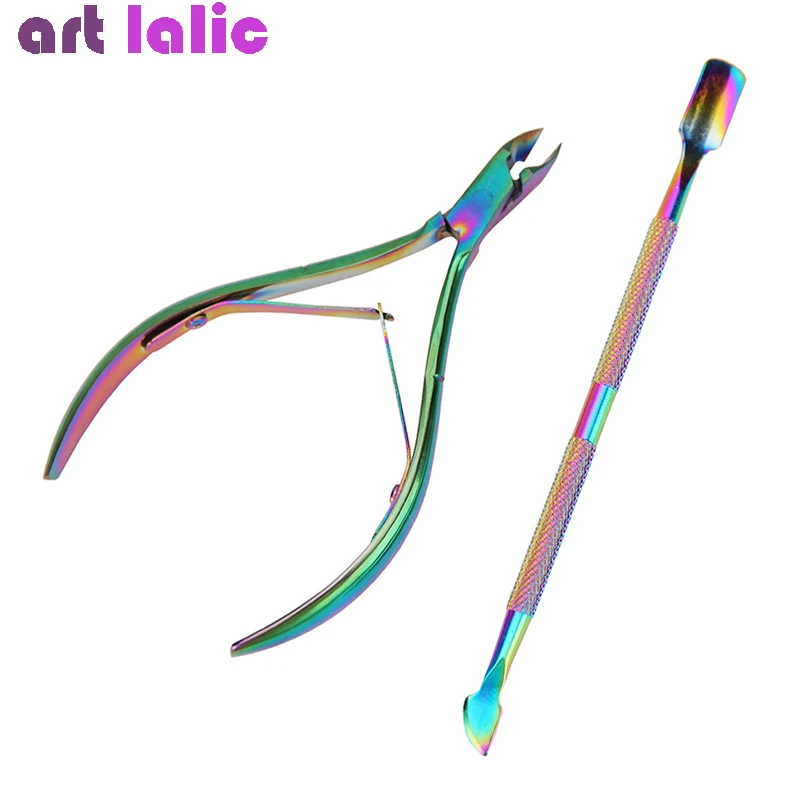 2 ชิ้นคู่ฤดูใบไม้ผลิเล็บ Cuticle Nipper ชุด Dead Skin Pusher Holographic Titanium ทําเล็บมือเล็บเท้าชุดเครื่องมือ