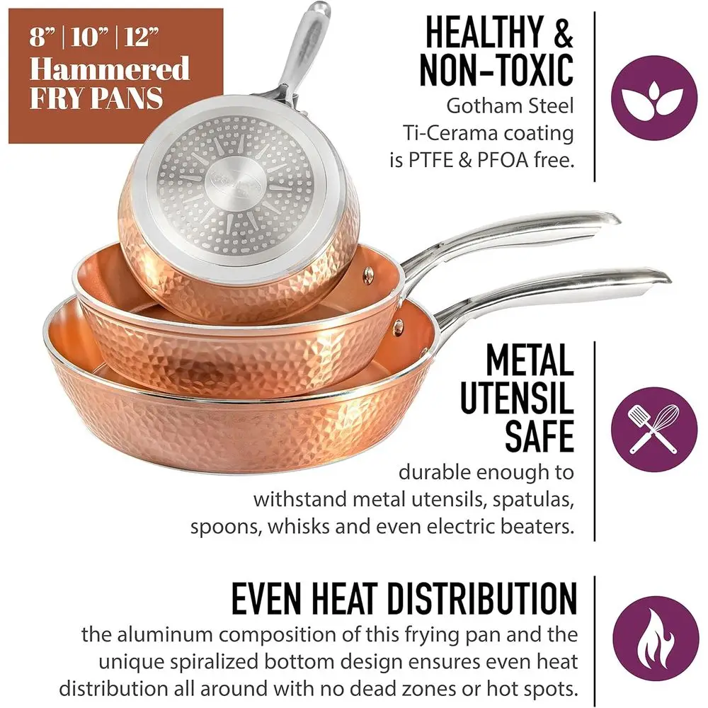 طقم مقلاة نحاسية غير لاصقة، 3 قطع، 8، 10، 12، خالٍ من PFOA، آمن للاستخدام في غسالة الأطباق، مقبض رائع