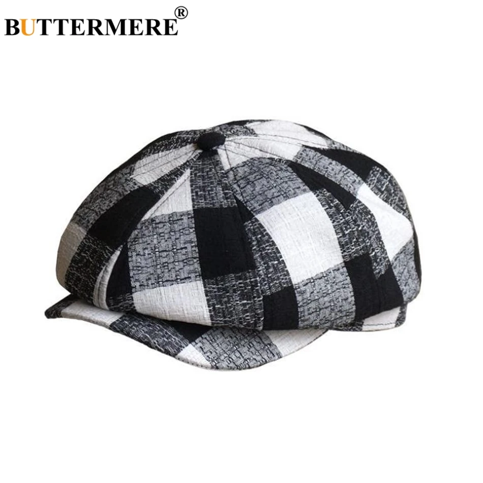 BUTTERMERE Tappo strillone Delle Donne Degli Uomini di Lino Cappuccio Ottagonale Britannico Nero Bianco Plaid Primavera Berretto Cappello di Estate di Sesso Maschile Femminile Berretto Piatto