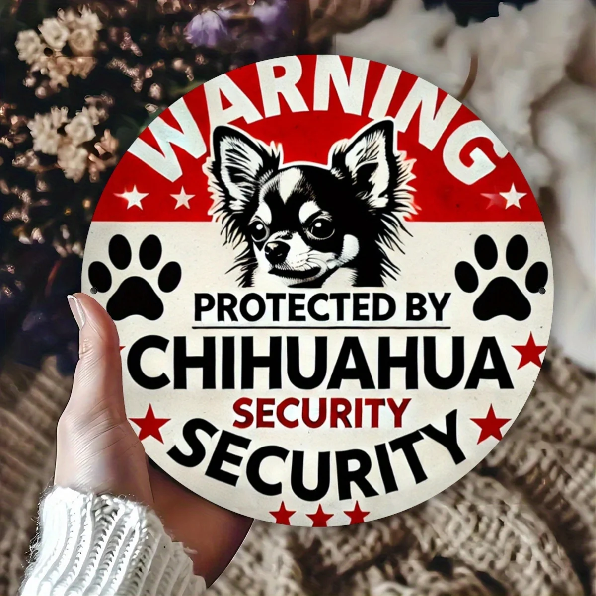 Wooden Chihuahua Security Sign Warning Protected by Chihuahua Dog Pet Owner Garden Wall Art Vintage Round Plaque Home Decor Gift