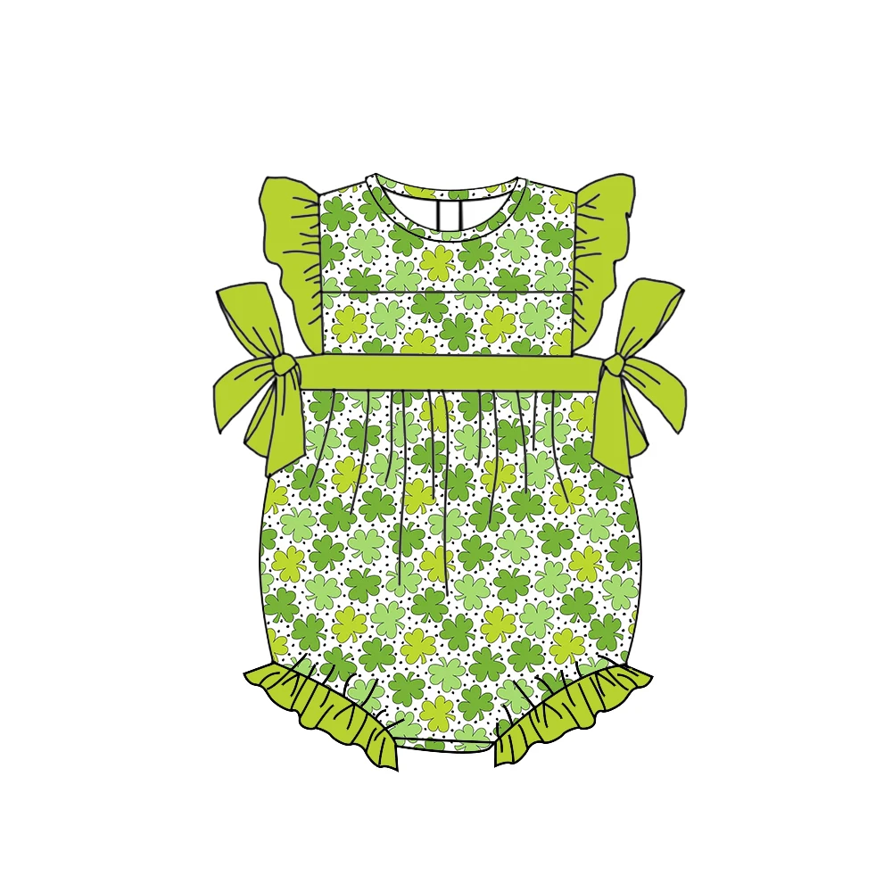 

Детский комбинезон на день Святого Патрика, комбинезон без рукавов в клетку с зеленым клевером, наряд с рюшами и бантом для новорожденных