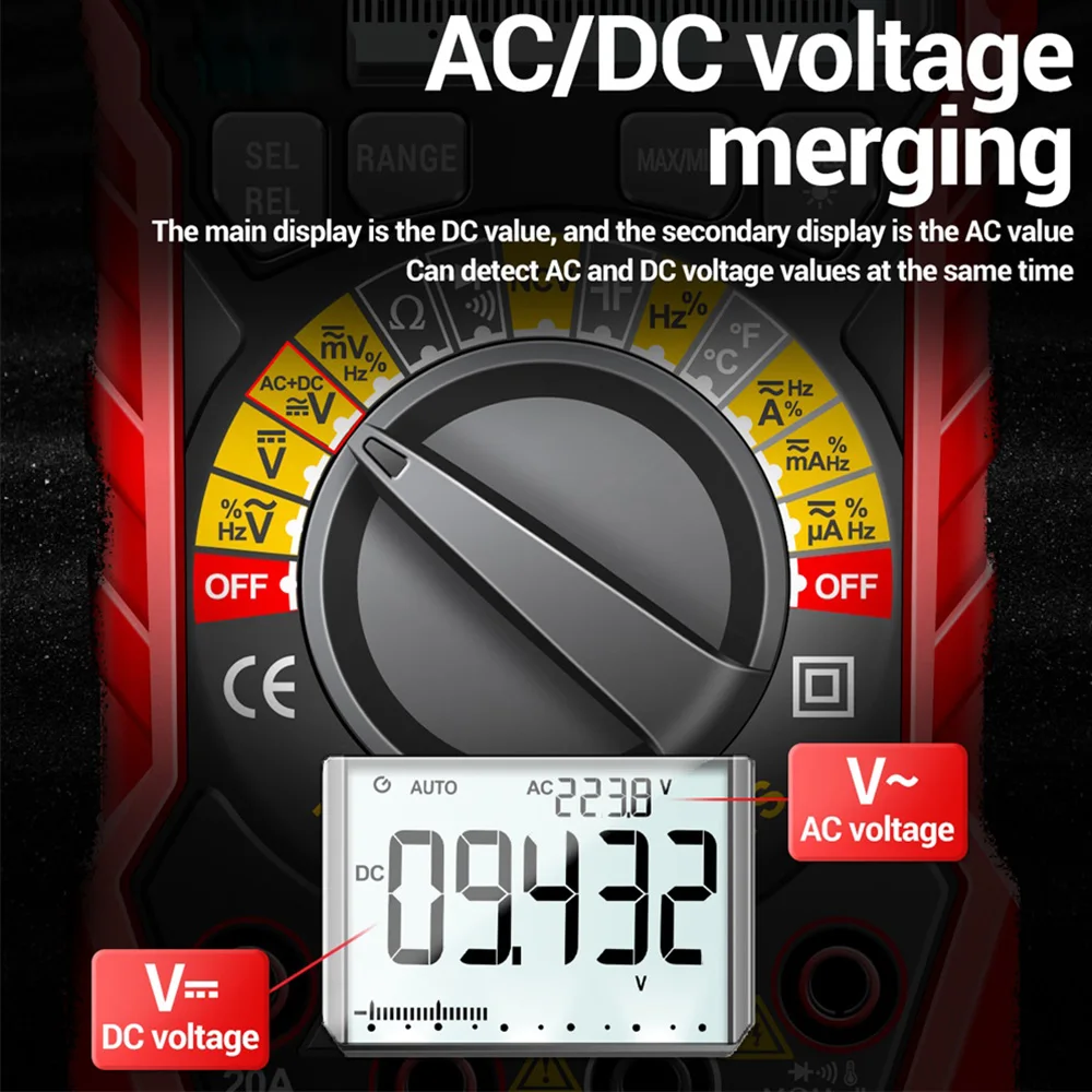 Digital Multimeter DC AC Voltmeter Ohm Volt Amp Diode Tester Meter for Household Outlet Automotive Battery Test