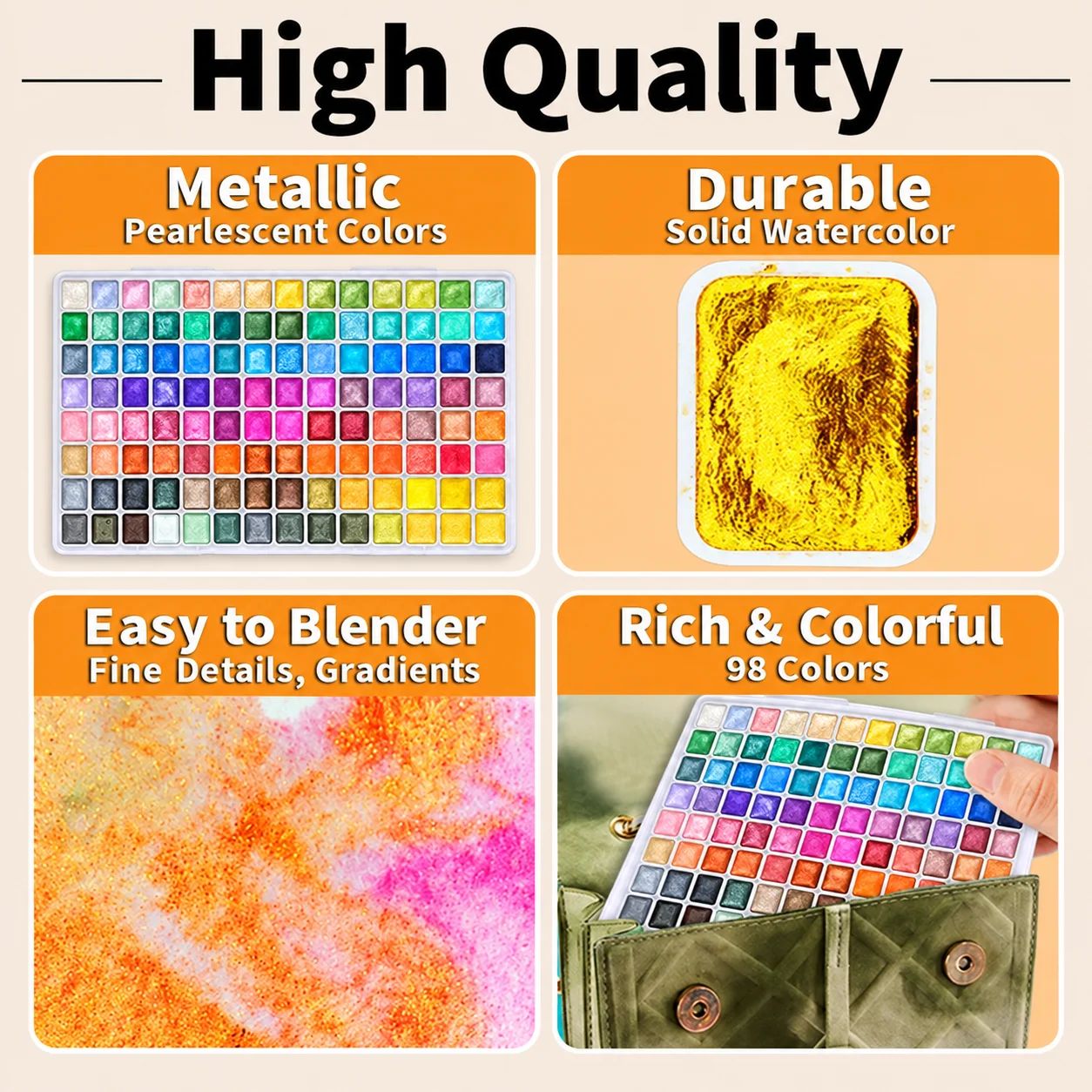 98-Color Metallic Shimmer Watercolor Paint Set, Pearl Pigments for Artists, Hobbyists, Illustration, Scrapbooking, Decoration image 3