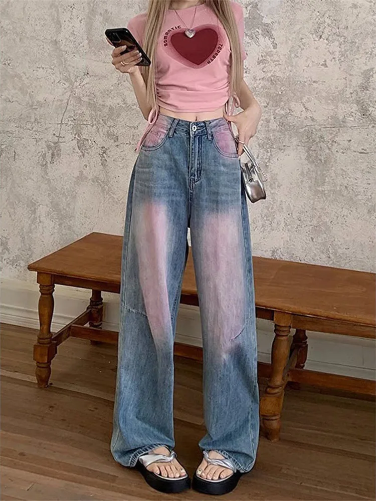 

Винтажные широкие джинсовые брюки с градиентным эффектом, женские свободные прямые джинсы с высокой талией в американском стиле, модные универсальные брюки в уличном стиле