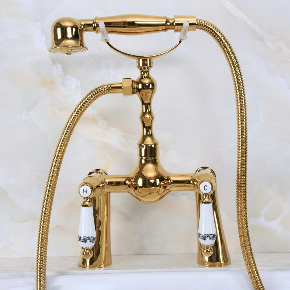 

Luxury Golden Brass Double Handle Deck Mounted Bathroom Bath Tub Faucet Set with 1500mm Hand Held Shower Spray Mixer Tap 2na138