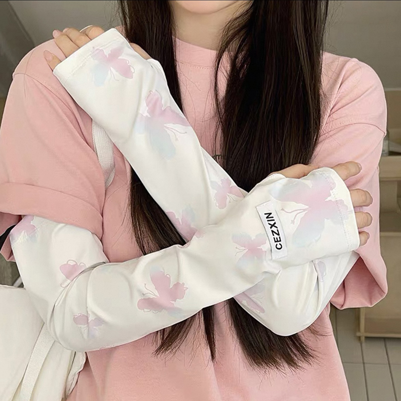  Outdoor sunscreen ice silk sleeve, butterfly print with solid color style, sunscreen and UV resistant ice sleeve gloves 