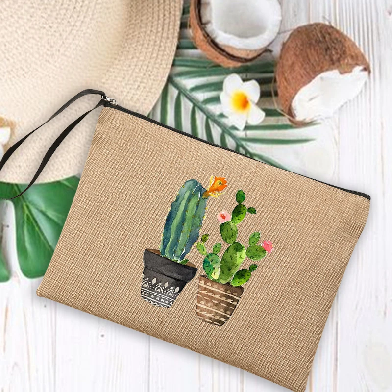 Cactus Print Linen Bag Women Makeup Bags Summer Outdoor Beach Handbags Female Cosmetic Storage Pouch Travel Wash Organizer Gifts