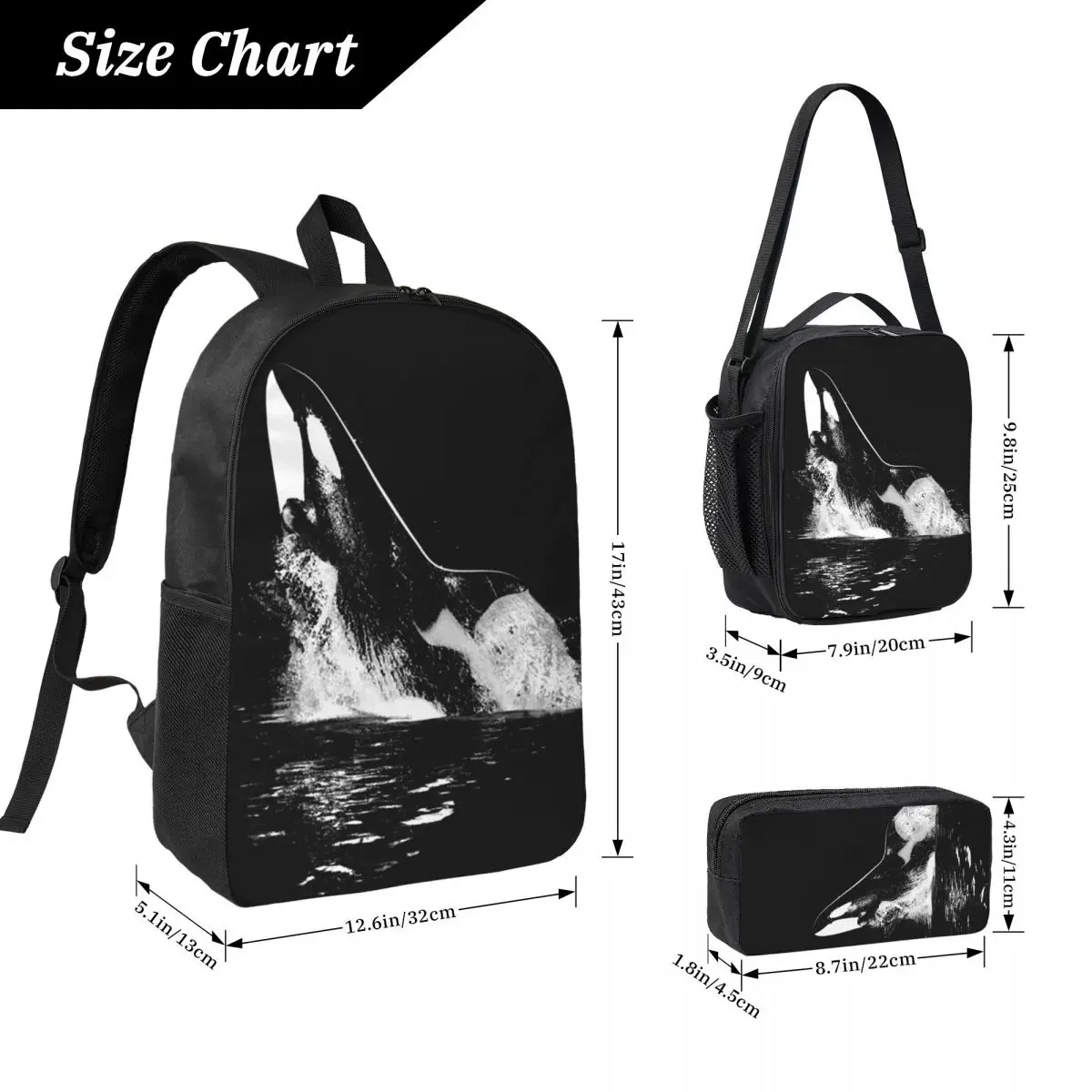 Orca Aquatic Sea Ocean Top Tees Killer Whale Backpack Student Boys Girls BookBag School Bag 3ps Insulated Lunch Bag Pencil Case