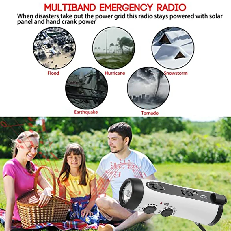 D300 Generator engkol วิทยุมือถือแบบพกพา, อุปกรณ์จ่ายไฟฉุกเฉินแบบพกพา5 LED ไฟฉายวิทยุ AM/FM สำหรับกลางแจ้ง