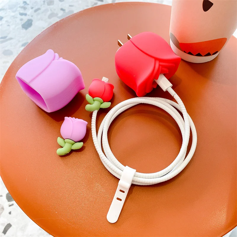 3D Cute Flowers Soft Silicone Charger Protective Case For IPhone 11 12 13 14 18W-20W Fast Charge Protection Charger Case Sleeve