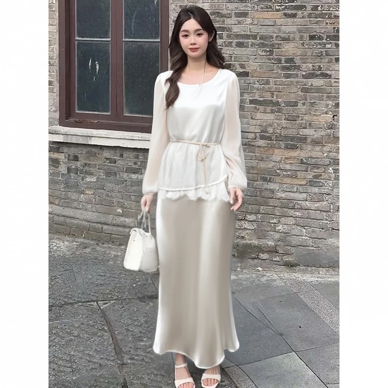 

Early Autumn 2026 Lace Splicing Slimming Cover up Skirt Set with Belt Two Piece Polyester Long Sleeve round Neck French Style