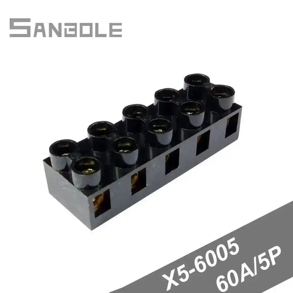 5Pcs Fixed Terminal Block 60A 5P Brass Conductor Black X5-6005 JX5-6005 Screw Connection For Wiring Connector Base