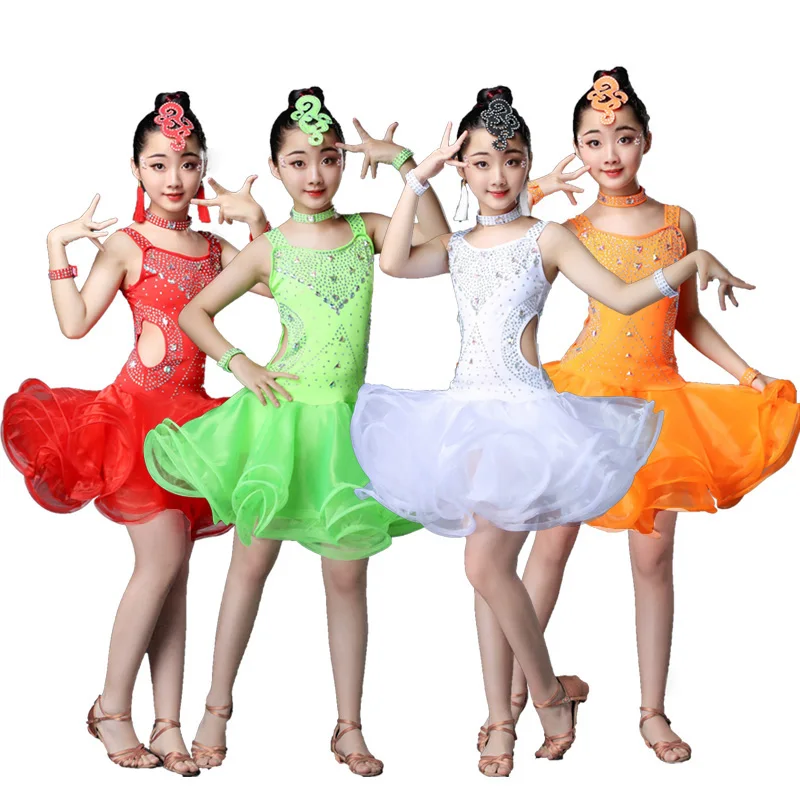 The New Children Bright Diamond Latin Dance Costumes Girls Ballroom Children's Performance Clothing Performances Sequined Dress