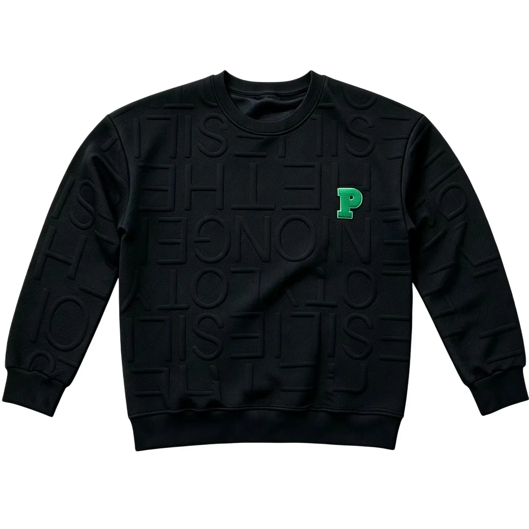 Men Crew Neck Sweatshirt 3D Embossed Letter Pattern Sweatshirt Green P‑Logo Embroidery Casual Loose Pullover Tops