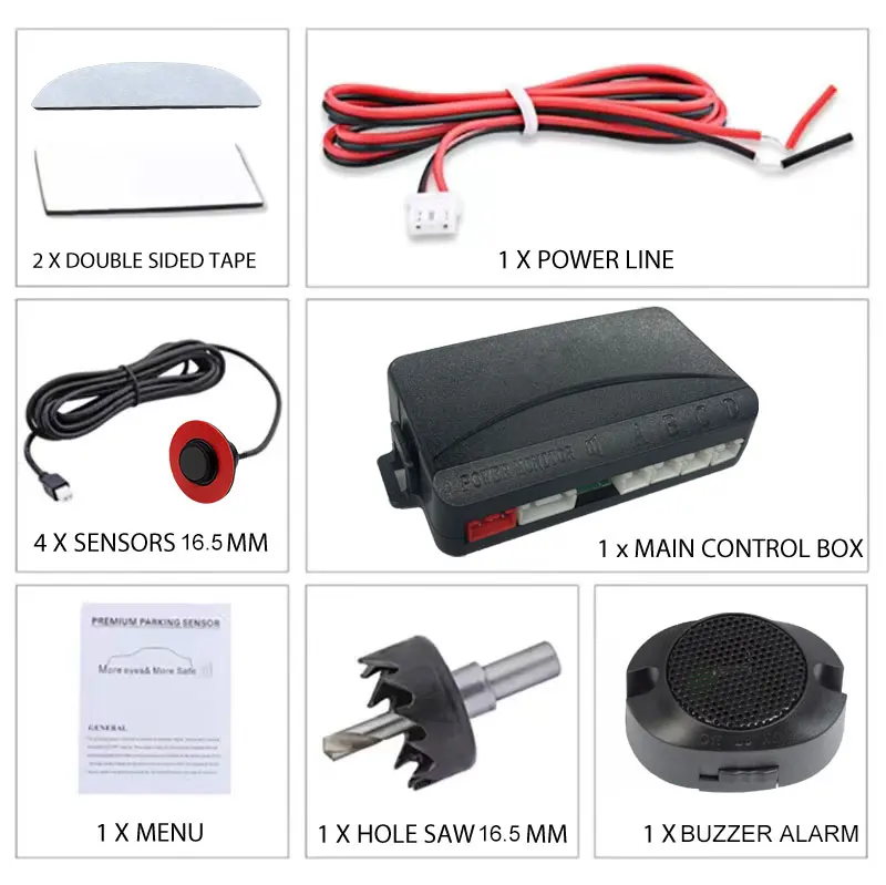 12V 16.5mm Flat Probe Parking Sensor Kit 4 Sensors Buzzer Detector Reversing Radar Universal Auto Auxiliary Safety Accessories