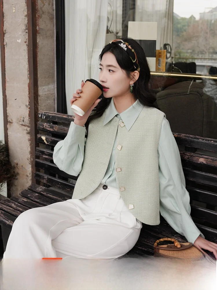 

Женский жилет Chen Jiajie Fre Mint в стиле ретро, универсальный, приталенный, на пуговицах, повседневная одежда