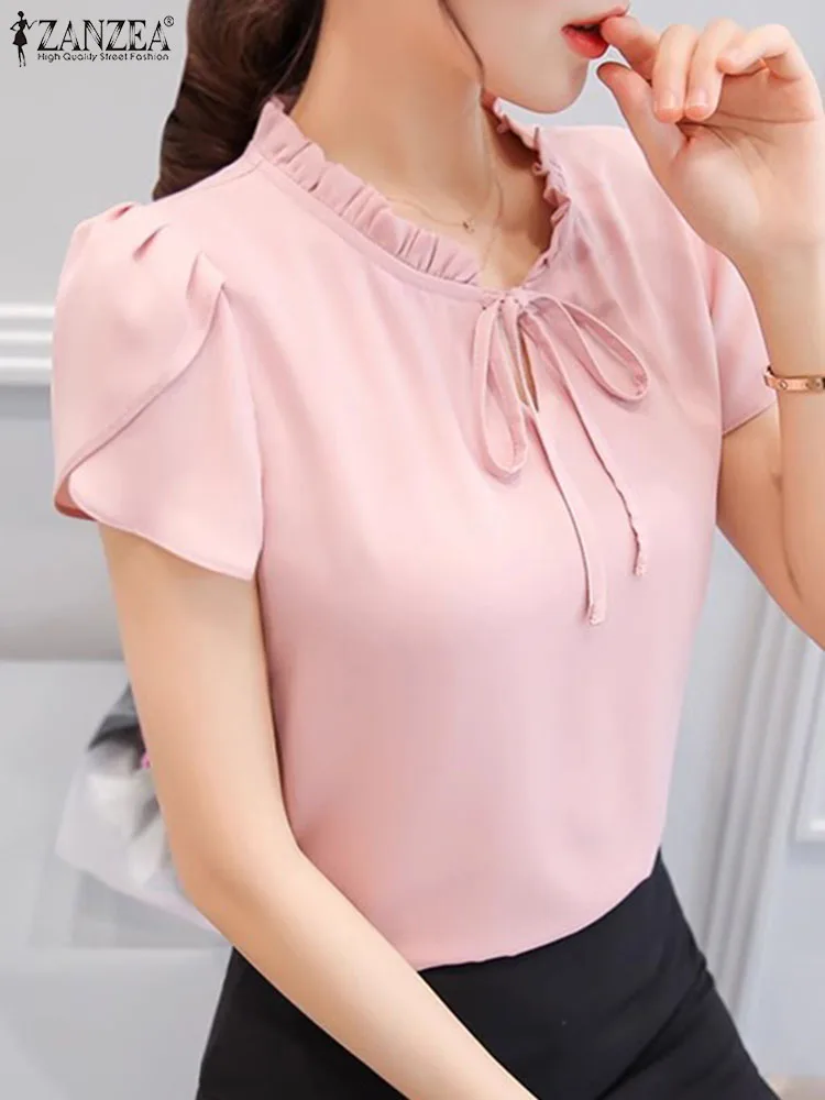 ZANZEA Women Bow Tie Neck Ruffle Blouse 2024 Summer Elegant Solid Petal Short Sleeve Shirt Tops Korean Office Casual Tunic Blusa