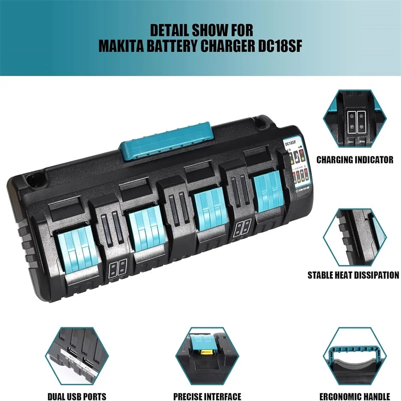DC18SF 4-Port شاحن سريع لماكيتا 14.4 فولت 18 فولت ليثيوم أيون 3A/4A شاحن الإخراج ل BL1830 ، BL1860 ، BL1430 مع منافذ USB مزدوجة