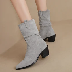 YMECHIC Sexy Flock Pleated Western Black Gray Ankle Boots for Ladies Pointy Toe Winter High Heels Office Lady Shoes Women 2022