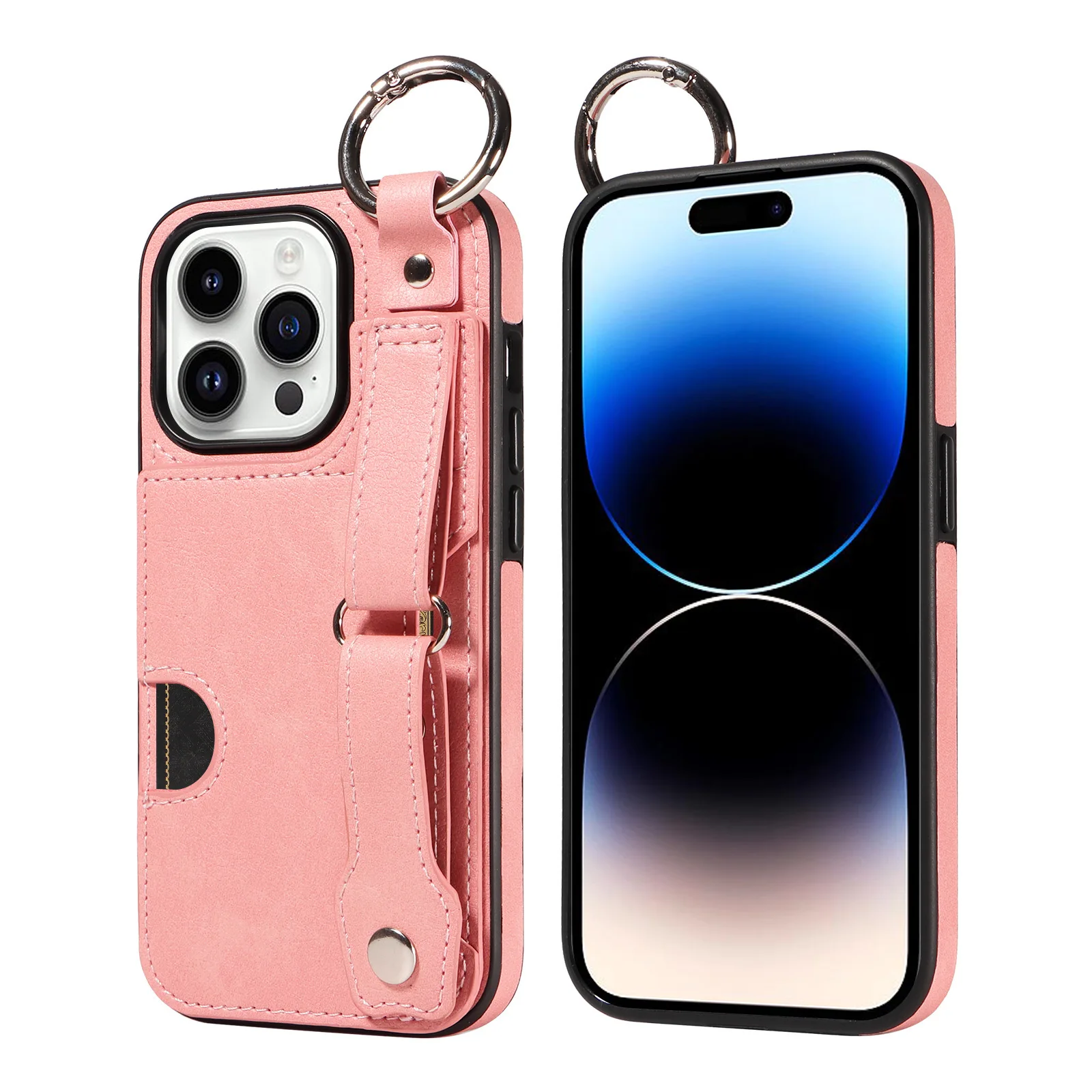 

Anti-Skid Card Slot Ring PU Leather Case with Wrist band For iPhone 16 15 14 13 12 Plus Pro Max Stand Cover