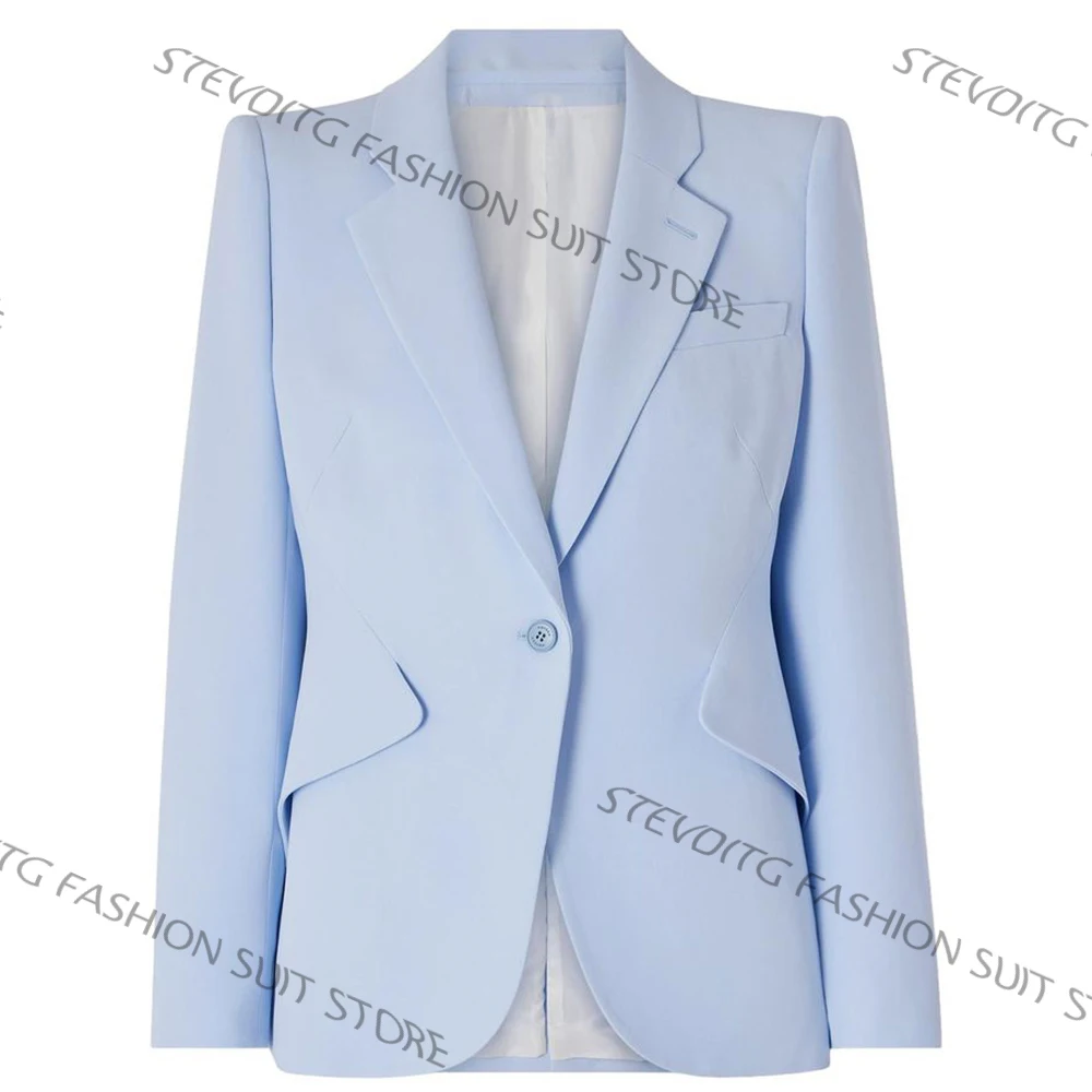 Sleek Light Blue Women's Suit Tailored Jacket+Flared Trousers Two Pieces Set Professional Office Attire and Formal Business Wear