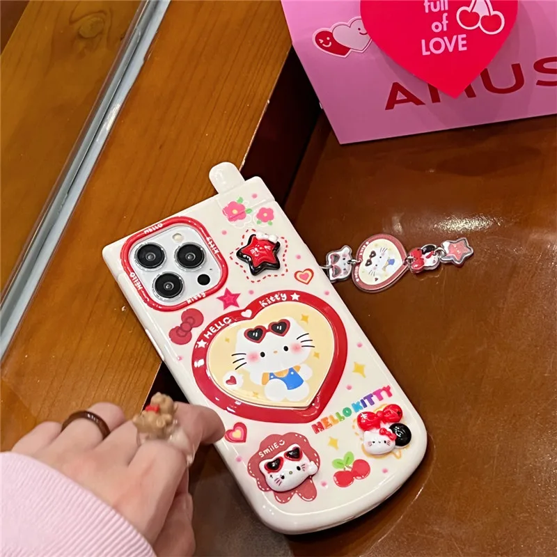 Capa para Celular Hello Kitty com Pingente de Espelho, Kawaii, Protetora, Anime, Engraçado, Moda, Sanrio, iPhone 11, 12, 13, 14, 15 Pro Max