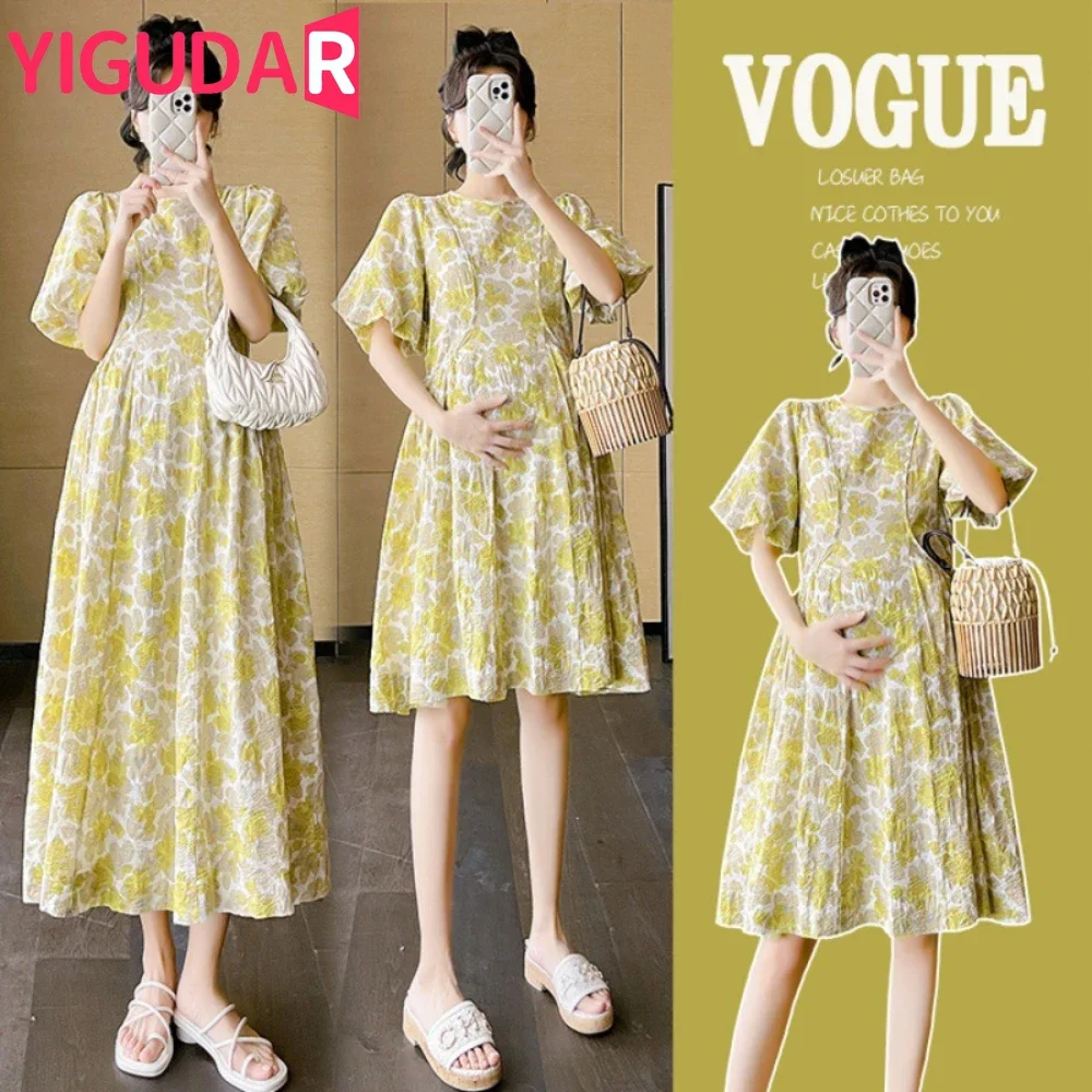 

Pregnant Women's Dress Fashionable Bubble Sleeves Loose Slimming Long Skirt Fashionable Age Reducing Trendy Mom's Sweet Dresses