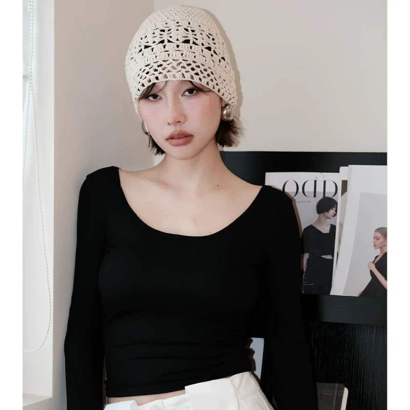Personalisierte Perlenbesetzte Fransen-Strickmützen für Damen Sommer Herbst Dünne Hohle Vielseitige Lässige Retro Ethnische Stil Pullover-Mütze – Detail 4