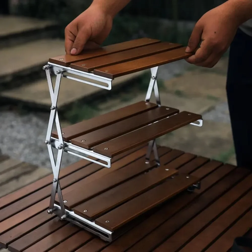 Camping Folding Shelf Portable Multifunctional Outdoor Foldable Storage Racks Stainless Steel Solid Wood Triple Folding Shelf