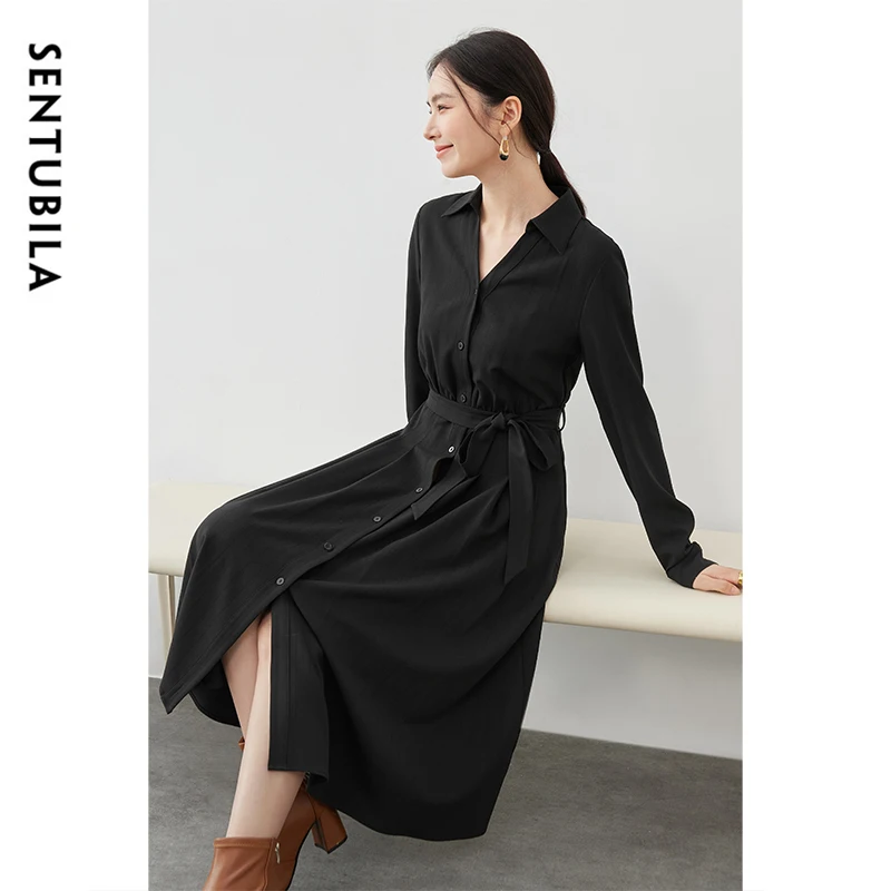 SENTUBILA Office Lady Black Shirt Dress for Women 2024 Autumn Elegant Long Sleeve Tie Belt Button Down Midi Dresses 143L56891