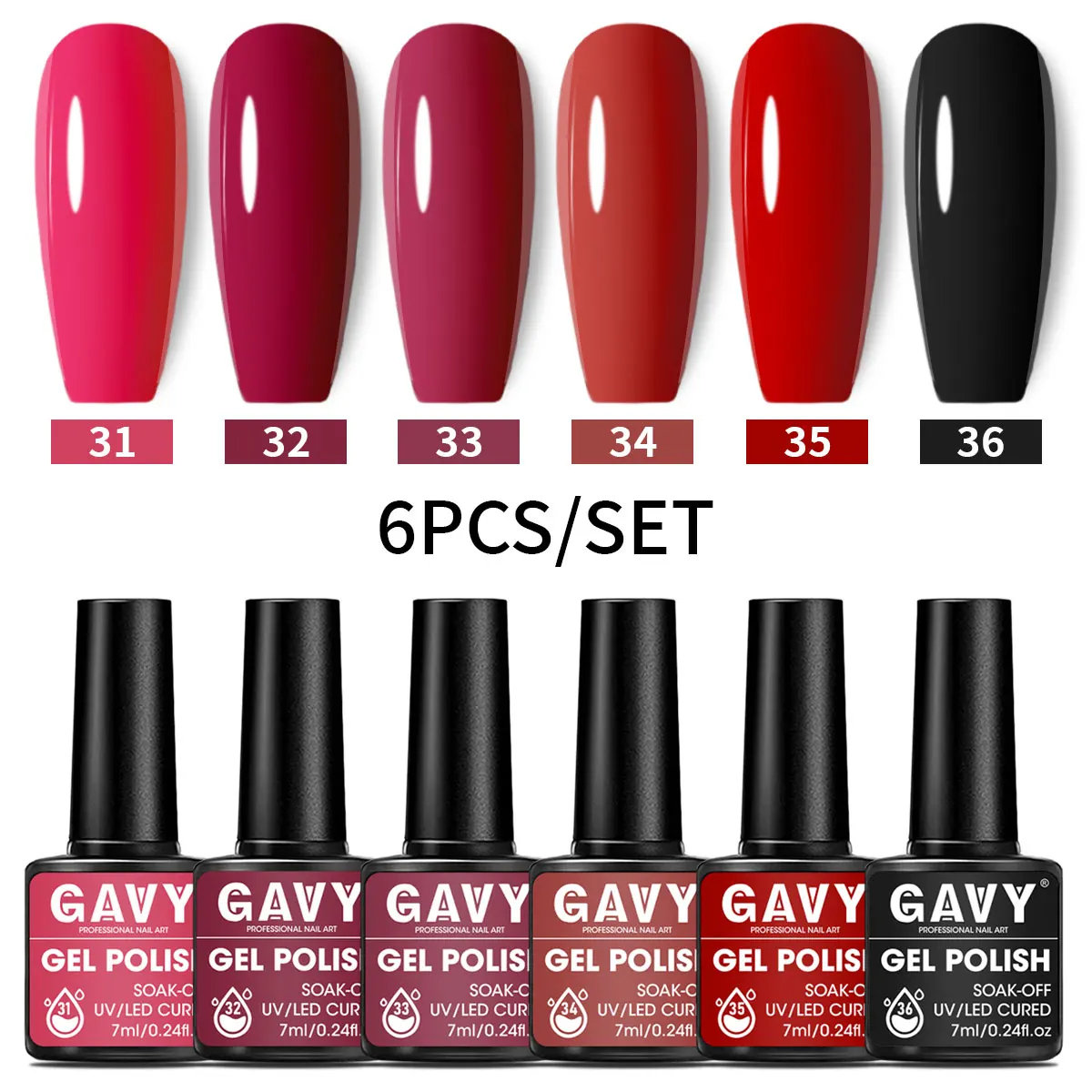GAVY 6-teiliges Gel-Nagellack-Set, 0,24 oz pro Flasche, abnehmbarer, semi-permanenter LED-Nagellack, durchsichtiger Decklack, DIY-Starter-Set