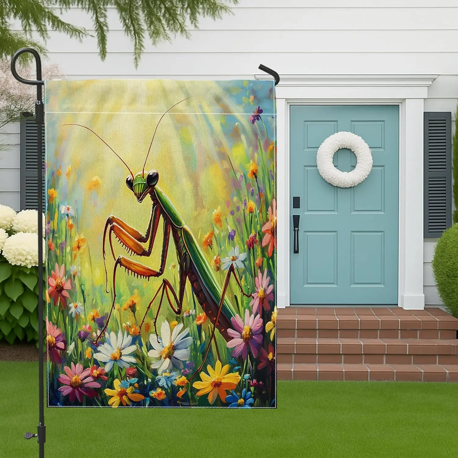 Spring Praying Mantis Front Yard Backyard Burlap Garden Flags 12x18 Double Sided for Outdoor, Colorful Flowers Small House F PPM