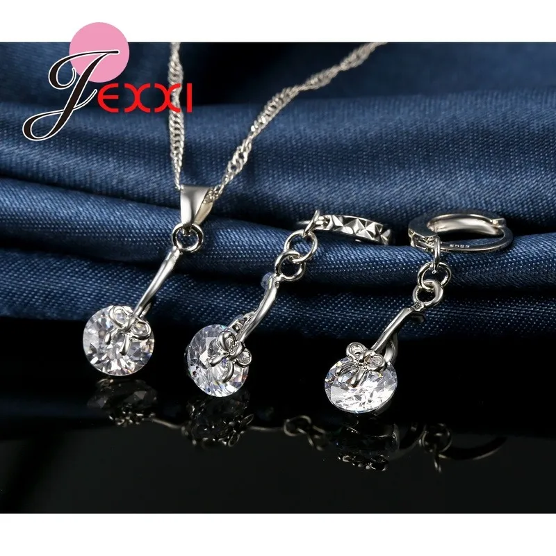 Big Promotion Women Female Party Wedding Jewelry Set  925 Sterling Silver Needle Necklace Earrings Set With AAA Clear Crystal