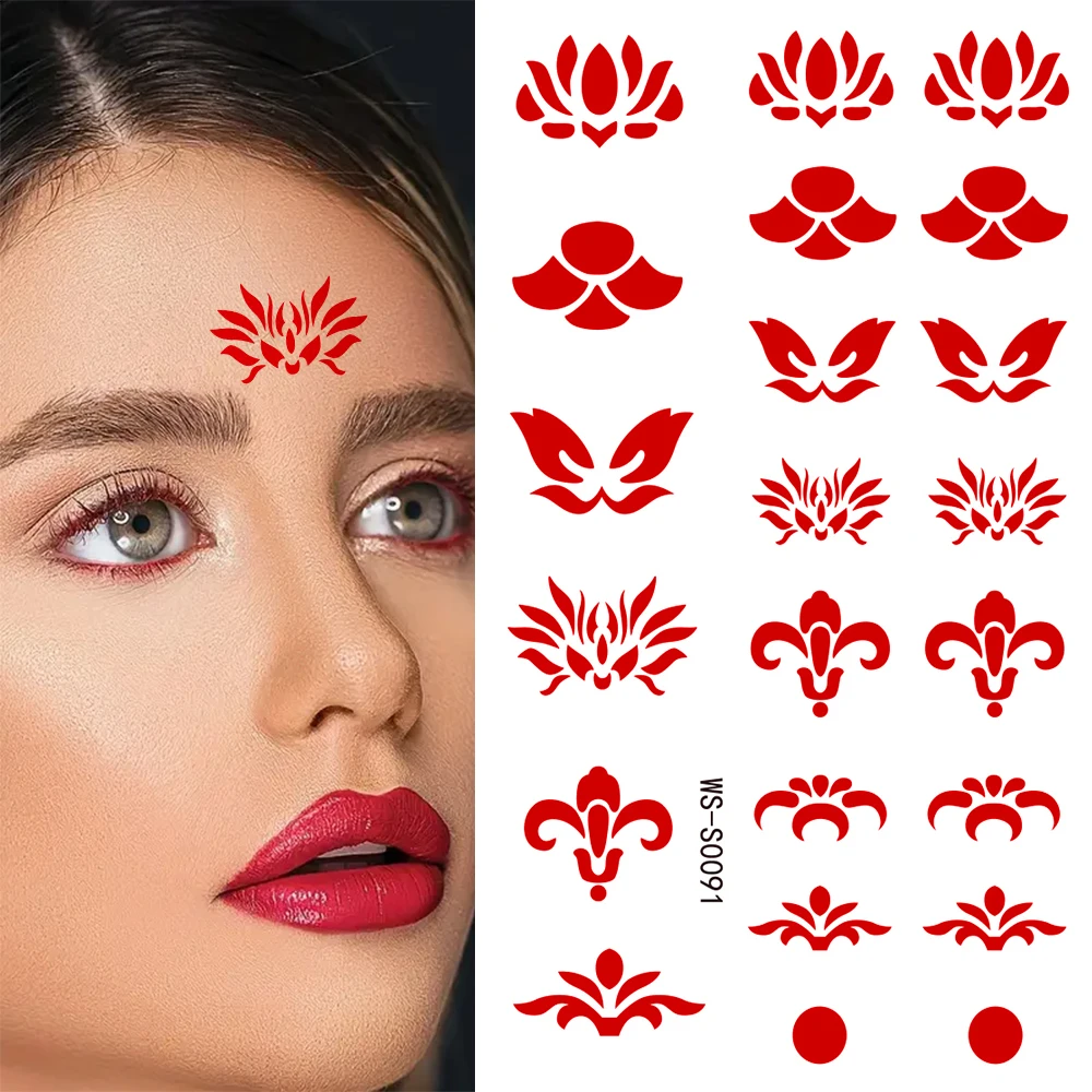 

35pcs Red Flowers Forehead Tattoo Stickers ancient style Print Waterproof Eyebrow Sticker Set Girl Kids Temporary Tattoo Decals#