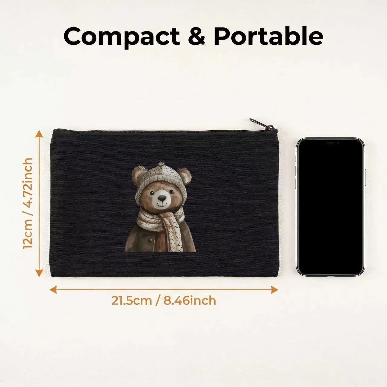 1PC Watercolor Winter Bear Knit Hat Scarf Canvas Cosmetic Bag Double Sided Portable Travel Zipper Pouch