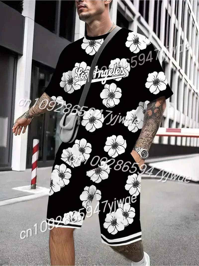 

Men's Los Angeles Flower Print Short Sleeve T-Shirt & Shorts Set Round Neck Gradient Short Sleeved Women's T-shirt Shorts Set