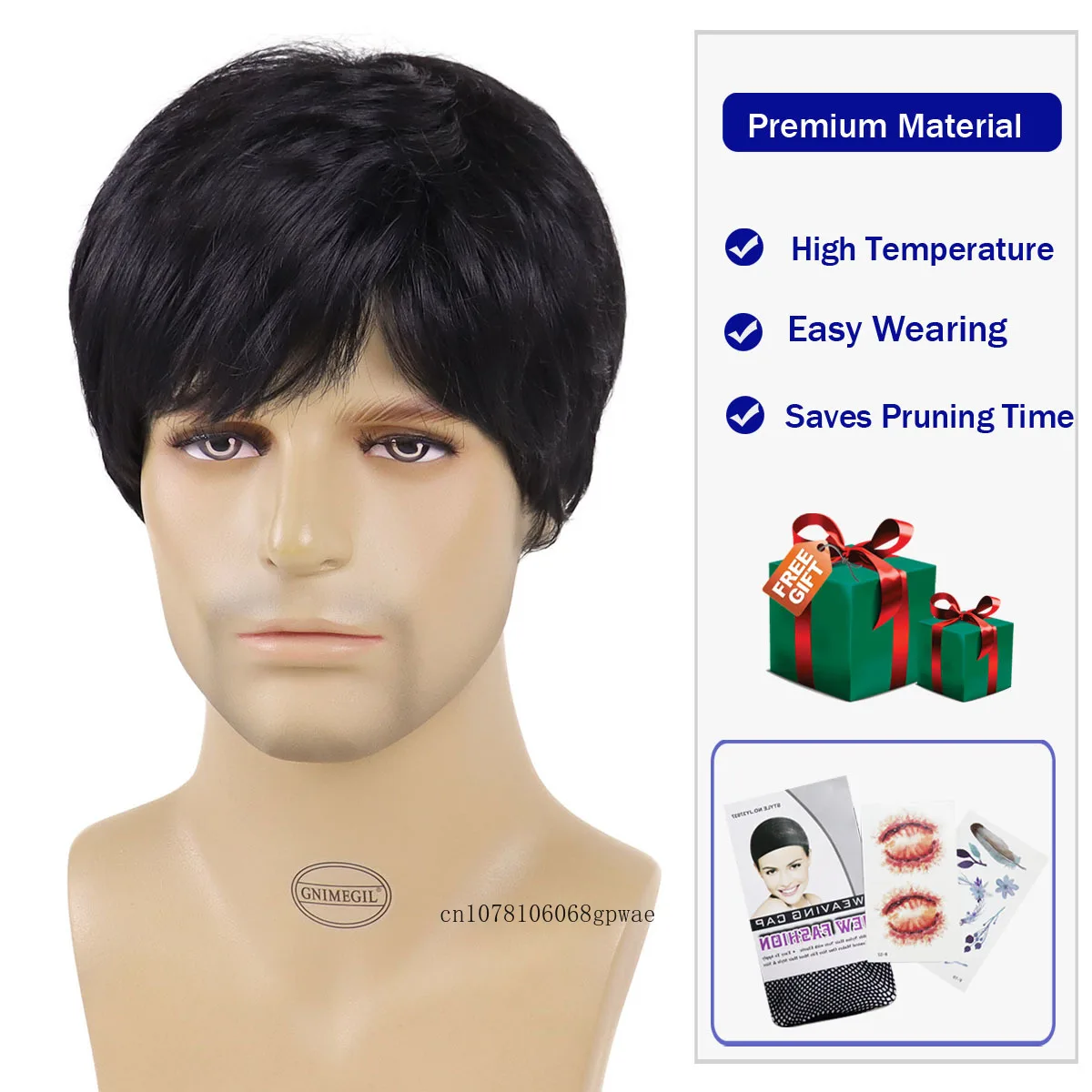 Mens Short Black Wigs Synthetic Hair Casual Wig with Bangs Soft Straight Korean Style Heat Resistant Daily Party Costume Use