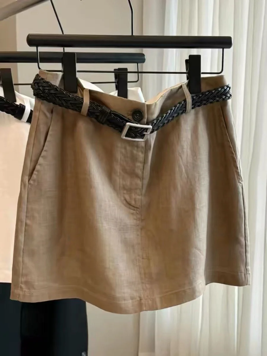 Elegant Khaki Cotton Linen High Waist Straight Cut Short Skirt Women Summer 2026 New Style Versatile Casual High Waist Skirt