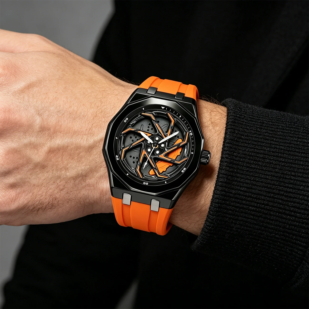 Fashion Men's Spider Quartz Watch with Rotating Car Wheel Dial Waterproof Rubber Strap Sports Watch Men's Stylish Gift