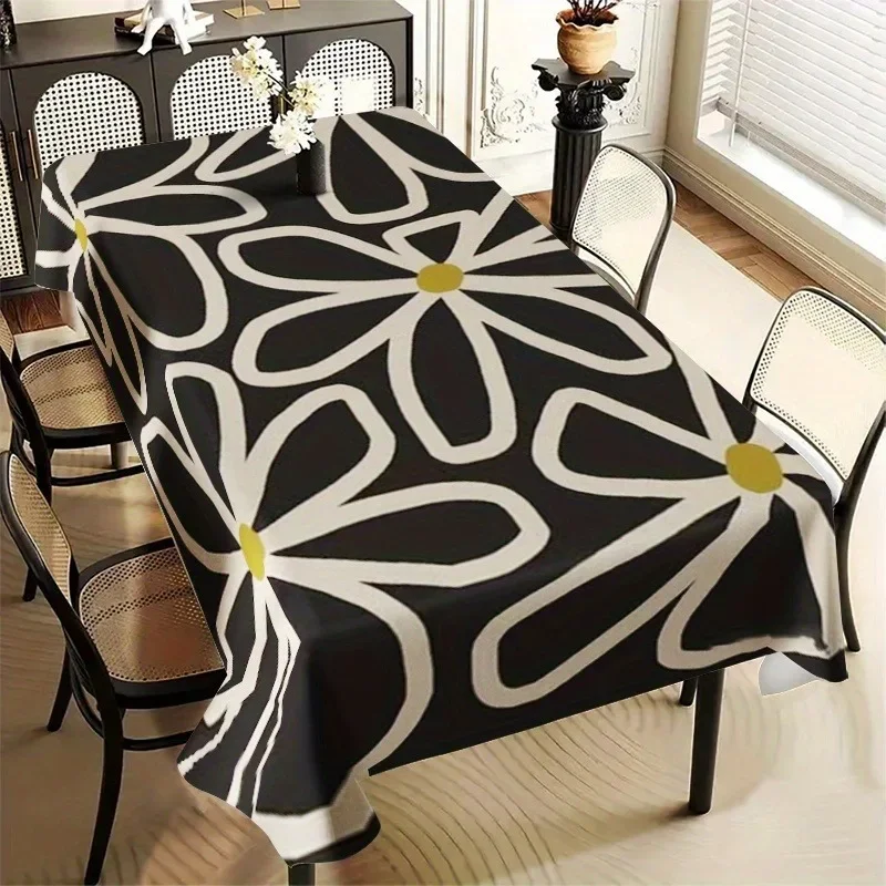 1pc Nordic Ins Style Tablecloth - Black Background with White Lines and Flower Patterns - Highlights Eye-Catching Petals (YZB)