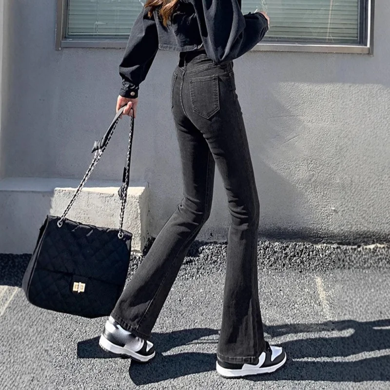 

Black and gray flared jeans for women, autumn and winter, high-waisted, stretchy, slimming, petite-friendly, trendy bell-bottom