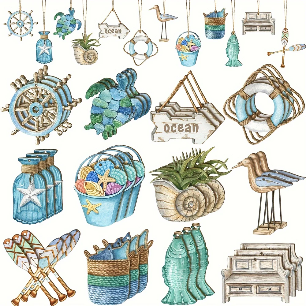 

24Pcs Summer Wooden Hanging Ornaments Ocean Beach Sea Animals Cutouts Wood Pendant for Home Small Tree Party DIY Decor Supplies