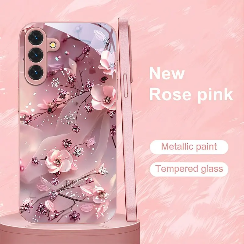 Pink cherry blossom printed tempered glass phone case suitable for Samsung Galaxy S26 S25 S24 S22 S21 S20FE/Ultra/Plus anti drop