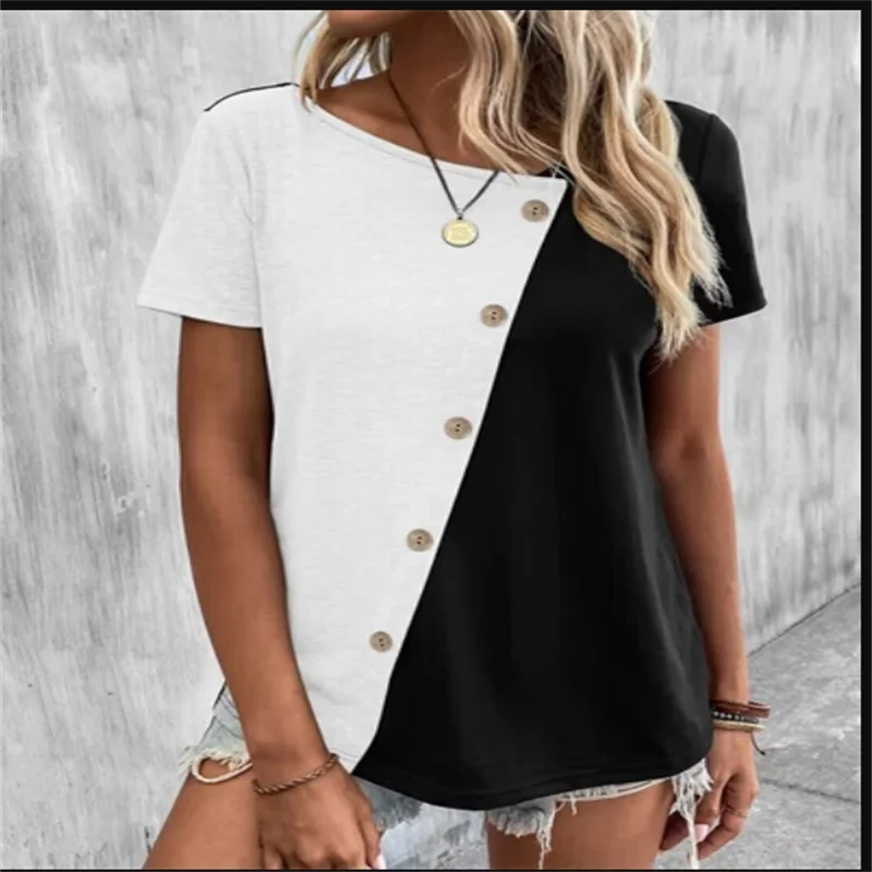 Spring and summer new European and n women\'s clothing, color printing loose v-collar t-shirt casual double-color stitching butto